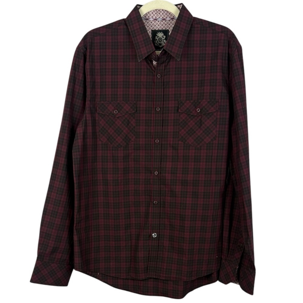 English Laundry Cotton Burgundy Black PlaidButton Down Large Dress Shirt